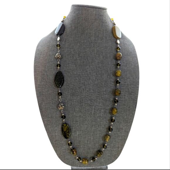 Artisan Stunning Green Spiderweb Agate Glass Beaded Crystals Long Boho Necklace - Picture 1 of 6